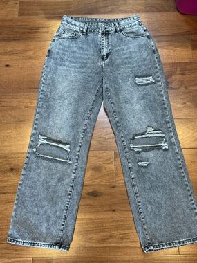 SHEIN Petite High-Rise Distressed Straight Leg Jeans - Grey